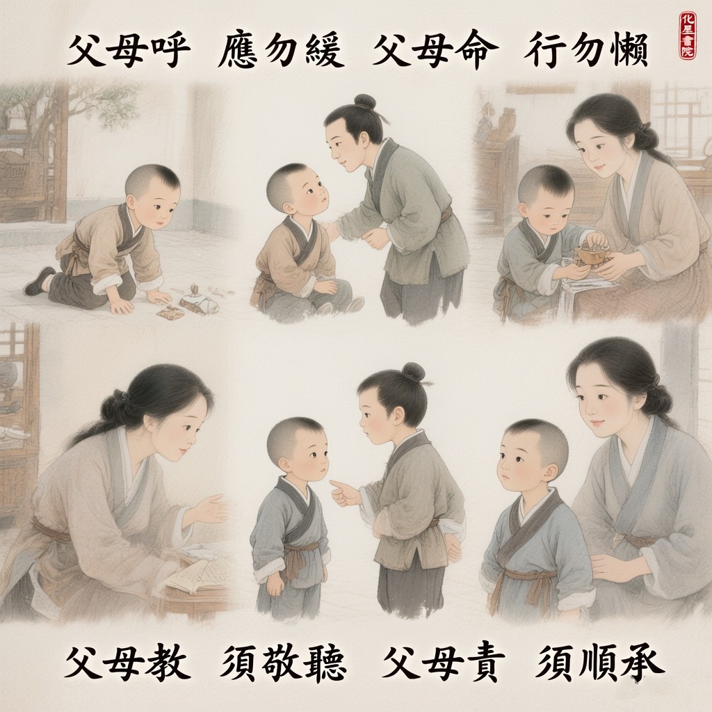 父母呼　應勿緩　父母命　行勿懶 父母教　須敬聽　父母責　須順承